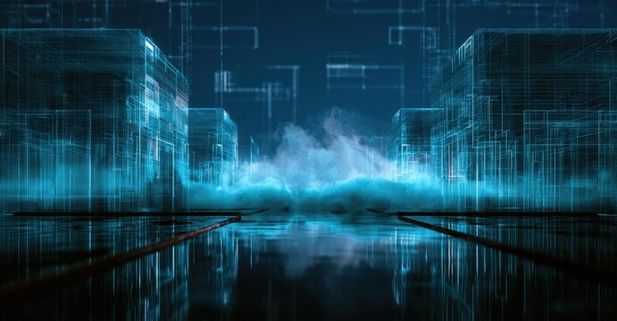 Futuristic digital cityscape with glowing neon blue architecture