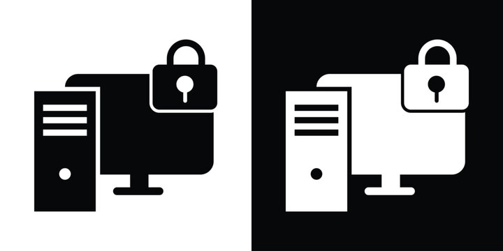 Computer workstation with lock icon representing secure server access, cyber security, data protection, and IT safety symbol set in black and white vector format.