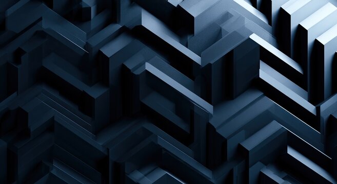 Geometric, layered, blue abstract forms create a complex, three-dimensional maze-like pattern