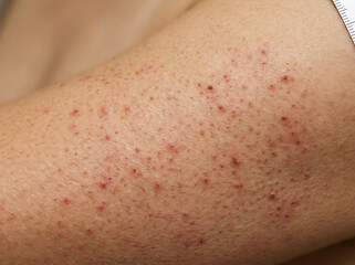 Fototapeta premium Close-up of human skin with bumpy texture and red marks