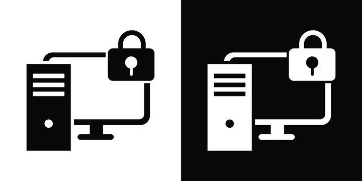 Computer workstation with lock icon representing secure server access, cyber security, data protection, and IT safety symbol set in black and white vector format.