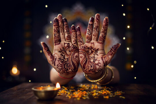 A close up view of a woman's hands adorned with intricate traditional Indian henna mehndi designs for a festive celebration ritual with beautiful cultural patterns and intricate detailing visible