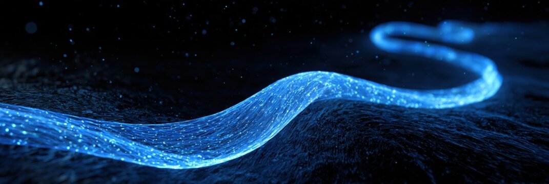 Abstract glowing blue fiber optic cable winding through dark terrain with light particles