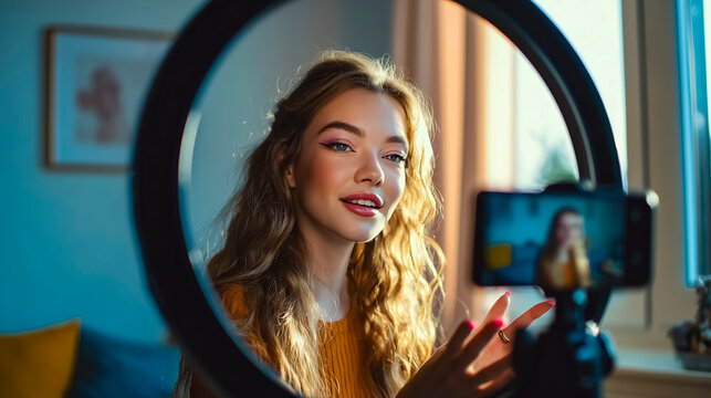 Young beauty influencer recording a makeup tutorial with a smartphone and ring light at home. 