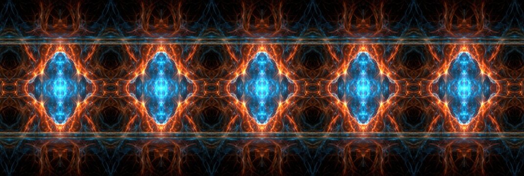 Abstract fractal pattern with glowing blue and orange energy, symmetrical design