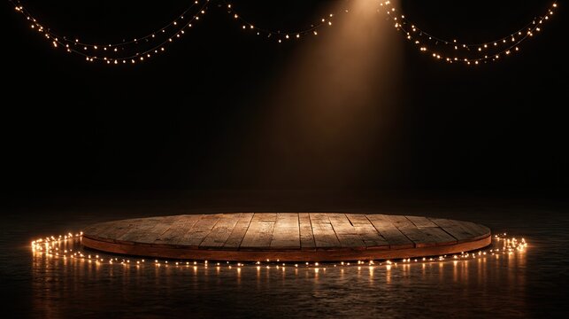 Illuminated wooden stage with festive lights and spotlight on a dark background
