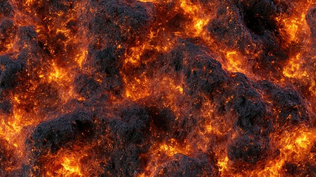 Abstract background of molten lava flow with glowing embers and dark rock texture