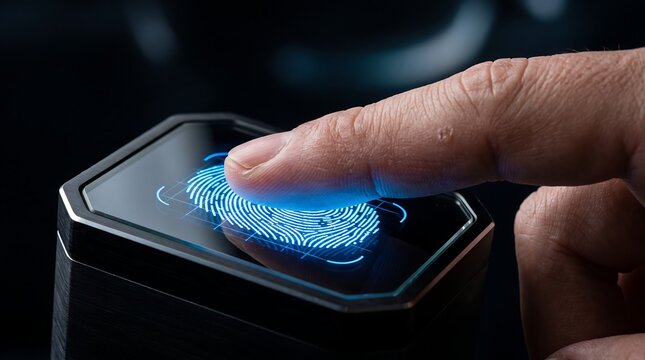 Hand touching biometric fingerprint glass scanner device, representing futuristic identity verification, security, and access control