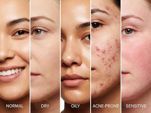 Five facial skin types comparison: normal, dry, oily, acne-prone, sensitive