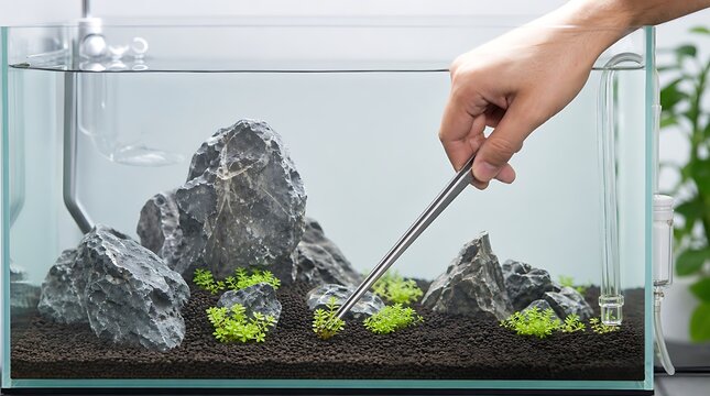 Aquarium hobbyist planting aquatic plants with long tweezers, illustrating aquascaping hobby, tank maintenance, and ecosystem care