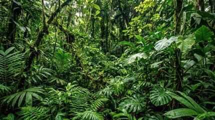 Fototapeta premium Tropical Rainforest Wilderness: A lush, dense jungle landscape filled with vibrant emerald foliage, intricate vines, and diverse botanical species thriving under a deep rainforest canopy.