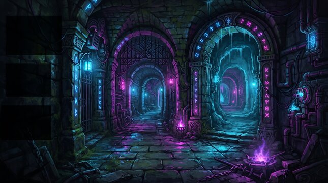 Mysterious underground fantasy dungeon corridors with glowing blue and purple magical runes and torches in dark stone archway interior.