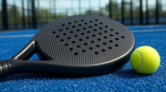 Black carbon fiber padel paddle and yellow ball resting on blue artificial turf court conveying racket sports equipment, athletic fitness, and leisure play