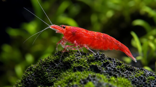 Bright red Cherry Shrimp perching on mossy lava rock inside freshwater planted aquarium representing aquascaping hobby, aquatic fauna, and dwarf shrimp care