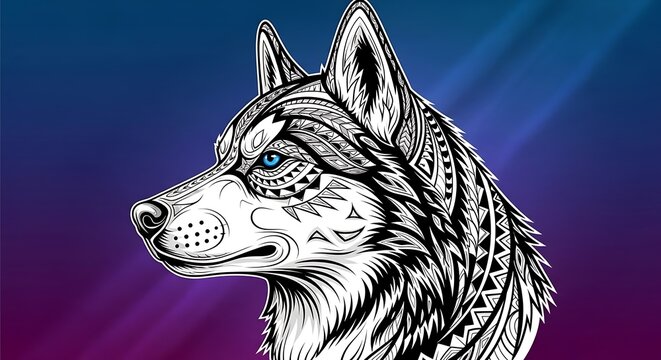 Stylized husky dog head with intricate tribal patterns