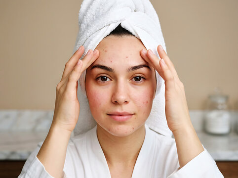 Woman in white headscarf touching forehead with hands