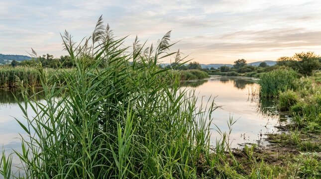 Serene Marshland Landscape: Tall reeds sway gently in the breeze beside a tranquil body of water, reflecting the soft hues of the twilight sky, creating a peaceful wetland scene.