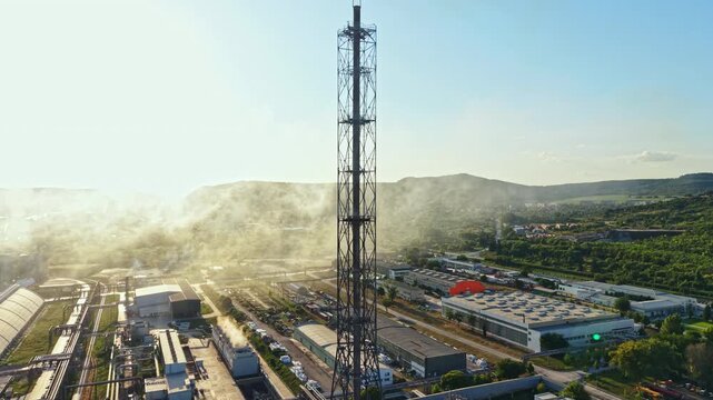 A tall communication tower stands over a busy factory area. Smoke rises from different buildings as machinery operates in the background. The clear sky allows sunlight to shine on the scene.