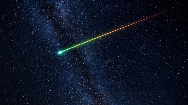 Long exposure shot of brilliant green meteor shooting star cutting across night sky depicting astrophotography, space meteoroid, and cosmos wilderness