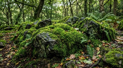 Fototapeta premium Mossy Rocks in Forest: Ancient rocks covered in vibrant green moss create a natural, tranquil scene deep within a lush, sun-dappled forest.