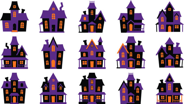 Set of fifteen different spooky haunted house illustrations for halloween decorations and festive holiday graphic design projects isolated