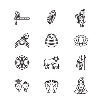 Hindu deity iconography collection with flute peacock feather lotus and dharmachakra symbols in simple linework style