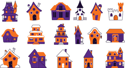Naklejka premium Set of various spooky haunted houses for halloween decorations featuring colorful cartoon style buildings on white background