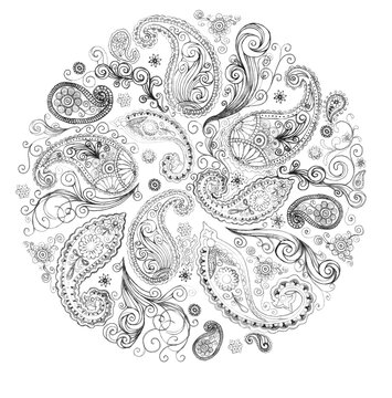 Ilustraci&oacute;n ornamental circular inspirada en el dise&ntilde;o paisley o cachemira, compuesta por motivos florales, arabescos y elementos decorativos dibujados a mano en blanco y negro. 