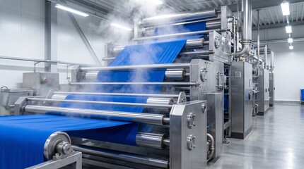 Fototapeta premium Industrial printing machine running blue plastic film through metal rollers in a modern manufacturing factory