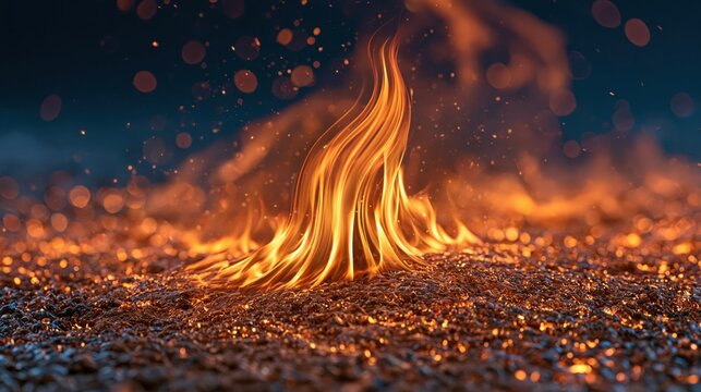 Close-up of a vibrant fire burning on a dark, textured surface with glowing embers and bokeh background