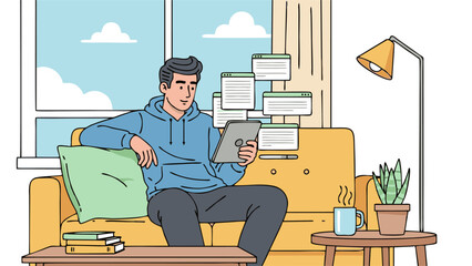 Modern Man Using Tablet for Remote Work and Digital Multitasking at Home