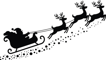 Black silhouette of santa claus riding in his sleigh pulled by flying reindeer on white background © MDMARUF
