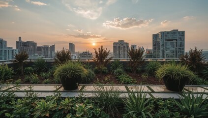 Fototapeta premium Modern rooftop garden with lush plants overlooking a city skyline during a golden sunset.