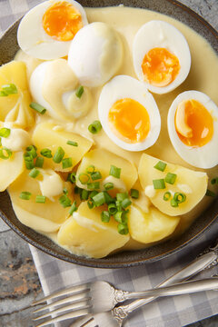 Senfeier is a German dish consists of hard-boiled eggs that are smothered in a creamy mustard gravy close-up in a plate on the table. Vertical top view from above