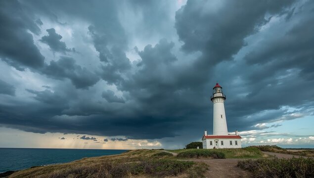 Dramatic storm clouds gathering over a white coastal lighthouse on a rugged grassy shoreline