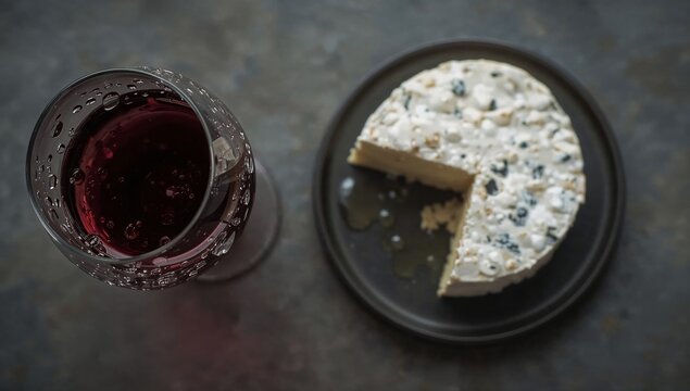 Elegant wine and cheese pairing featuring a glass of red wine with condensation and blue cheese.