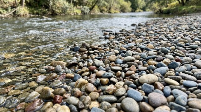 Rocky Riverbed Shore: Smooth, multicolored pebbles carpet the shore of a clear, flowing river, with trees lining the distant bank, creating a serene natural landscape.