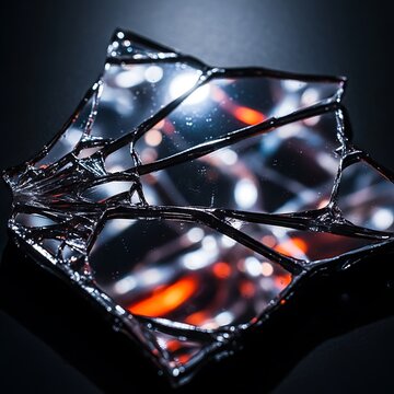 Shattered mirror shards with sharp edges, broken glass fragments reflecting orange light, dark abstract background with bokeh reflections