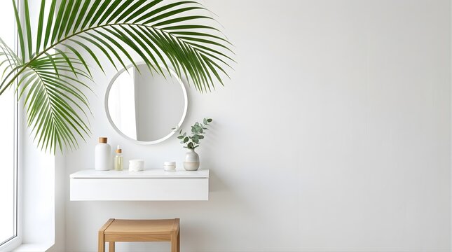 Modern white vanity table with round mirror and palm leaf in bright room