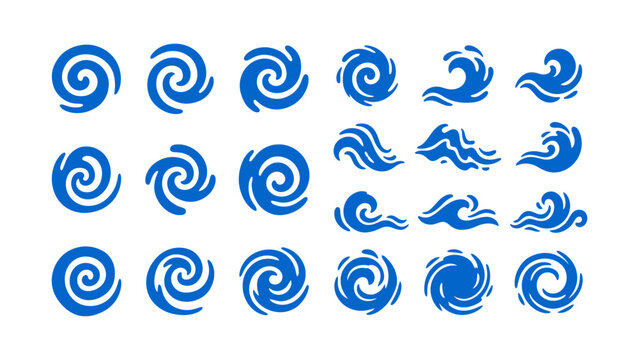 Blue wave and spiral vortex vector icon set with water swirls hurricanes and ocean waves