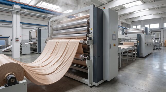 Large industrial printing machine processing white paper rolls in a modern factory setting for mass production