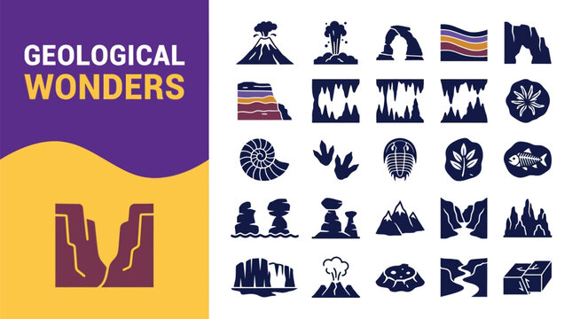 Geological wonders icon set featuring volcanoes caves fossils and rock formations for educational science projects