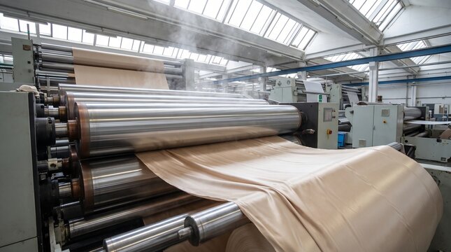 Large industrial printing machine processing paper rolls on a factory floor with bright overhead lighting