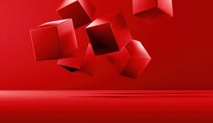 Fototapeta premium Dynamic red cubes falling in a minimalist space.
