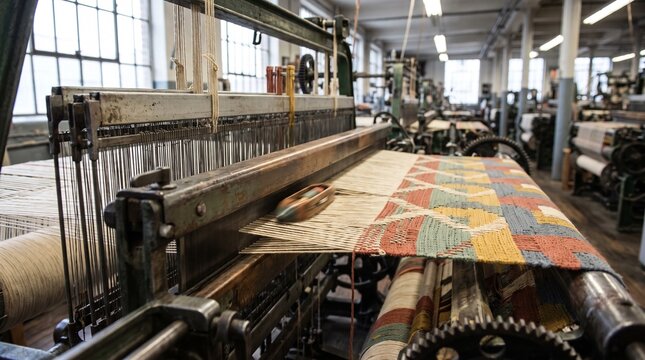 Industrial textile loom machine weaving colorful fabric patterns inside a busy modern garment manufacturing factory
