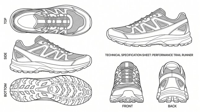 Technical Specification Sheet of Performance Trail Runner Shoe with Multiple Views Line Art Illustration