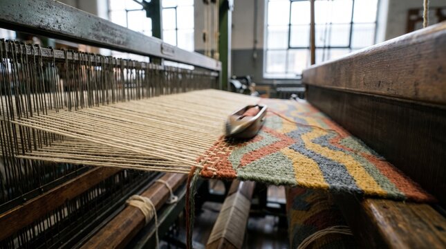 Old shuttle loom machine weaving colorful fabric with textile threads in a traditional textile factory workshop