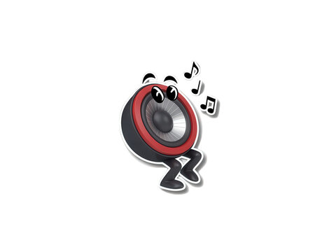 Cartoon speaker character with dancing legs and musical notes, funny audio equipment mascot, red and black subwoofer personification on white background