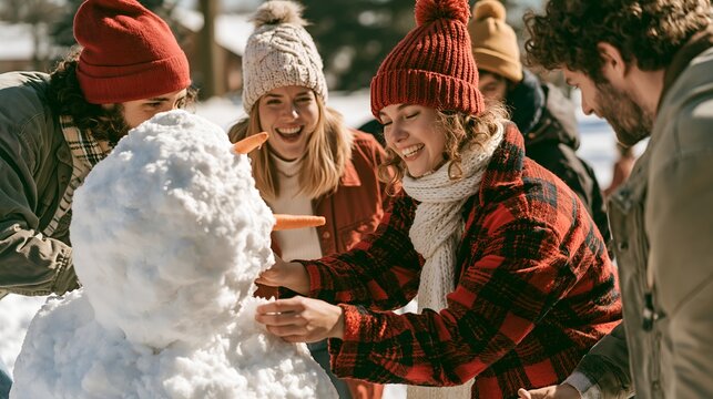 Warm smiles among friends building a snowman. 64k 8k widescreen, HDR