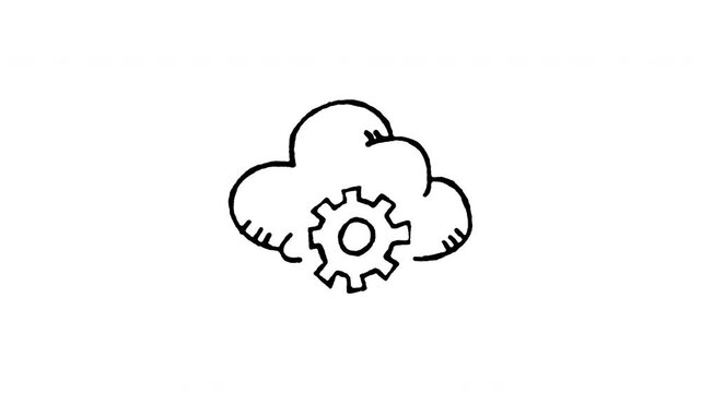 Animated 4K cloud computing gear doodle icon with line boil effect. Hand drawn line art on black and green screen backgrounds for cloud storage, system processing, technical, and data edits.